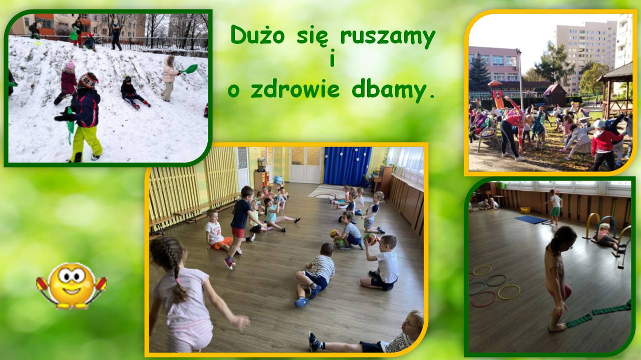 Zdjęcia dzieci podczas zabaw ruchowych na holu i w ogrodzie przedszkolnym