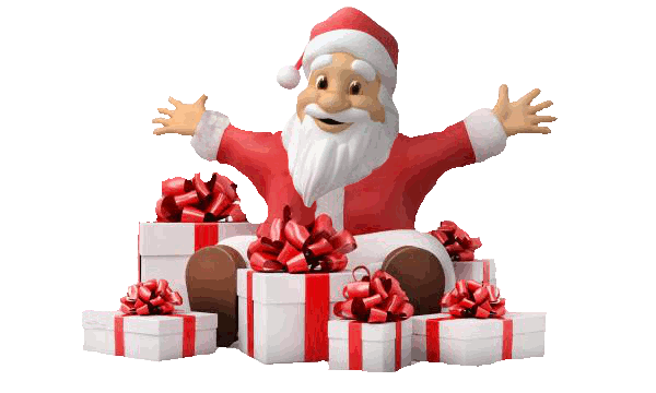 Grafika przedstawia Świętego Mikołaja i prezenty