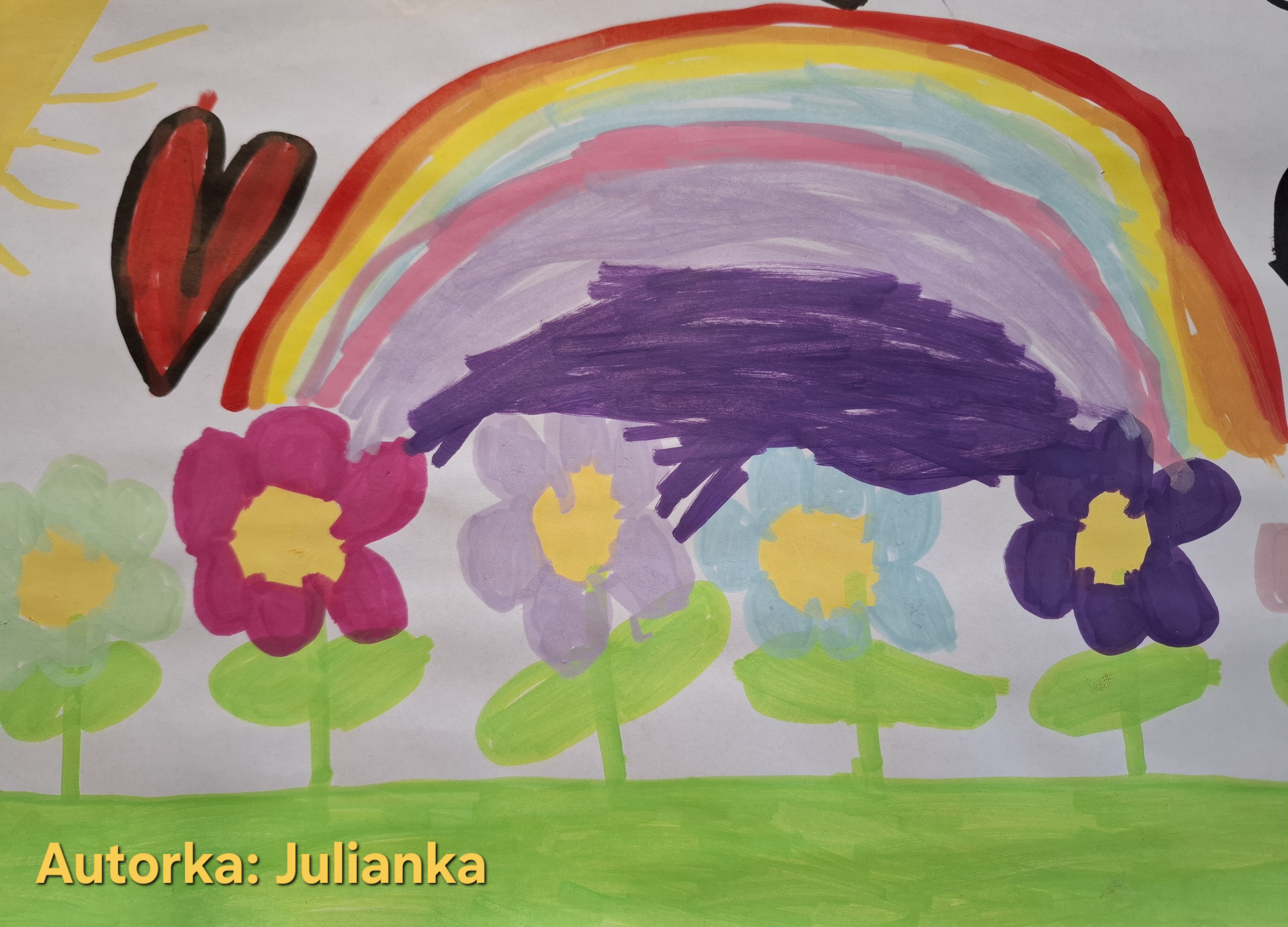 tęcza i kwiaty rysunek dziecka